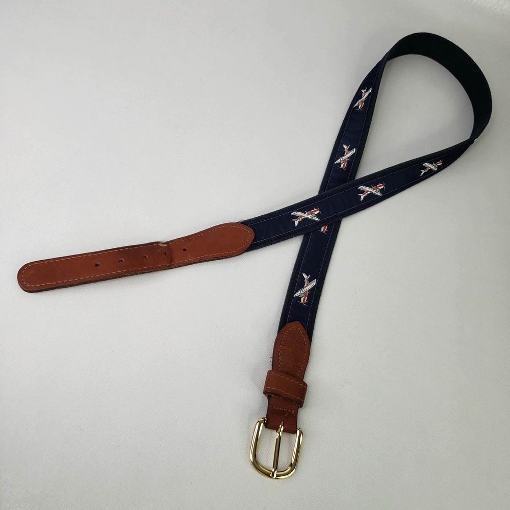 Zep Pro Belt Embroidered Canvas Leather Brass Airplane Navy Blue Mens Size 44